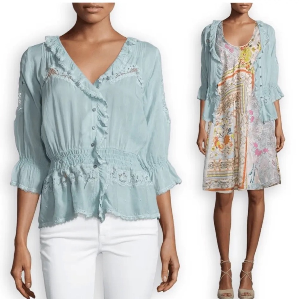 Johnny Was Dainty Georgette Lace Detail Cardigan Seafoam Button Up Size Large